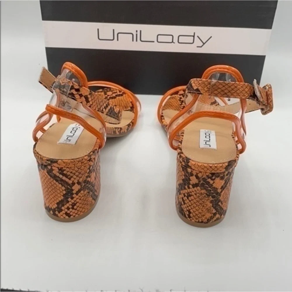 UNILADY Neon Orange Snake Ada block heel sandals